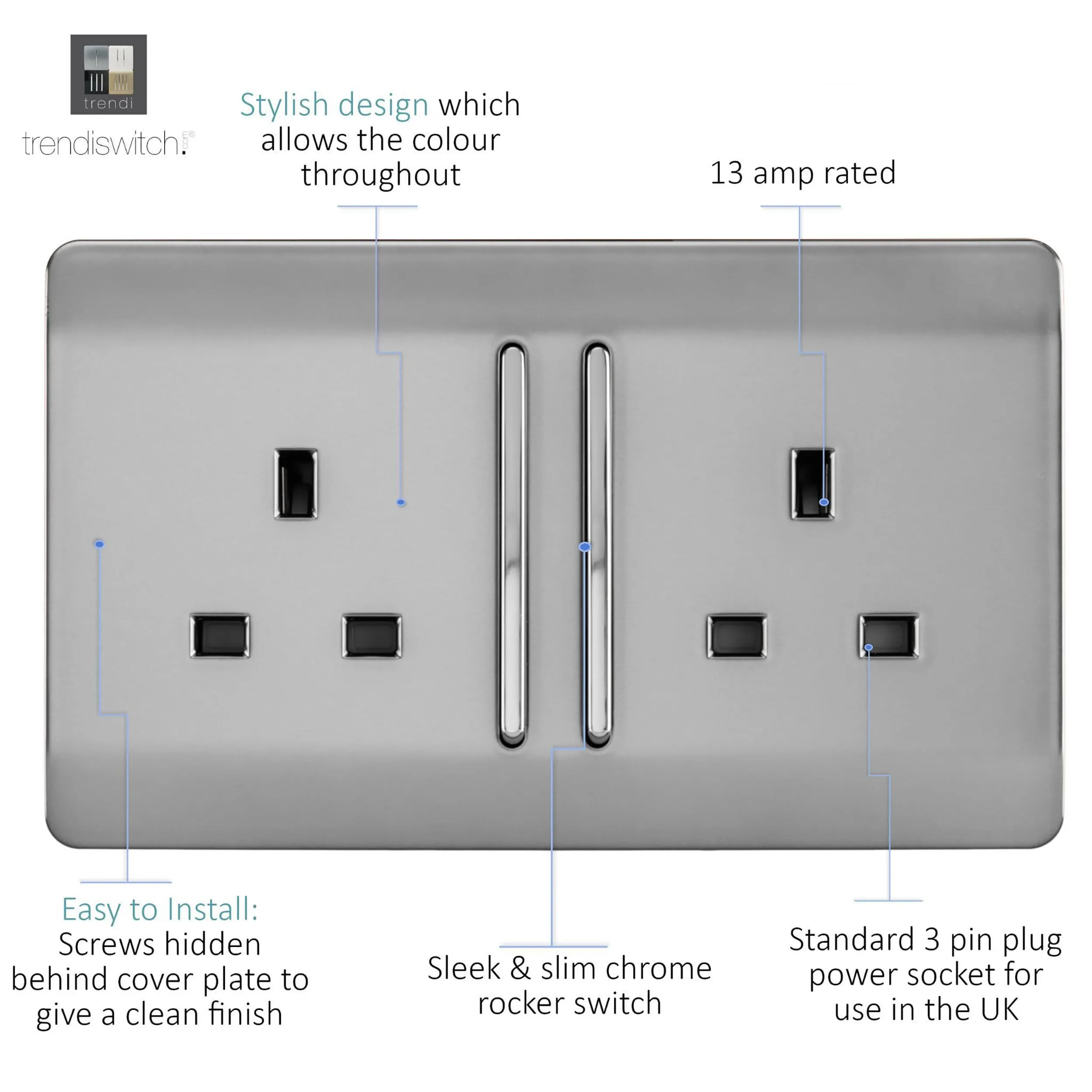 2 Gang 13Amp Long Switched Double Socket Brushed Steel ART-SKT213LBS  Trendi Brushed Steel